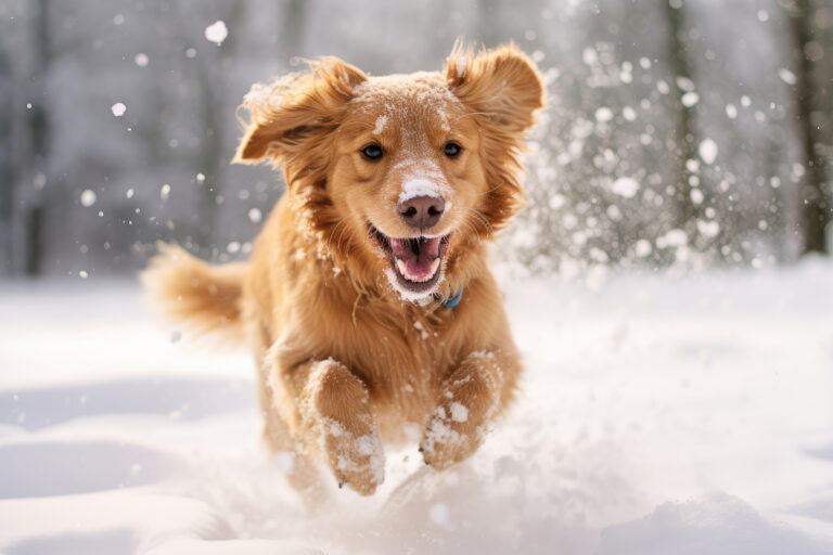 Goldbrauner Hund rennt mit Schnee an Schnauze und Pfoten durch eine verschneite Landschaft