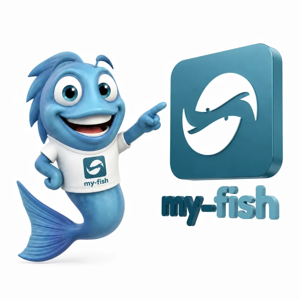 my-fish Maskottchen, ein blauer Fisch im T-Shirt, zeigt auf das my-fish Logo
