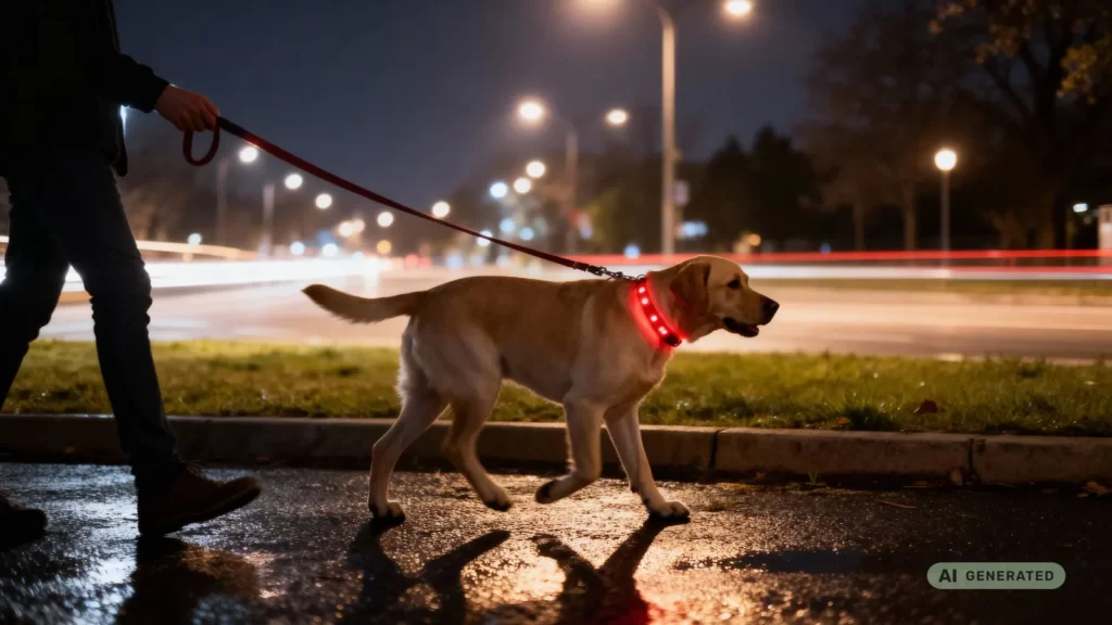 Labrador mit rot leuchtendem LED-Halsband läuft nachts an der Leine neben seinem Halter