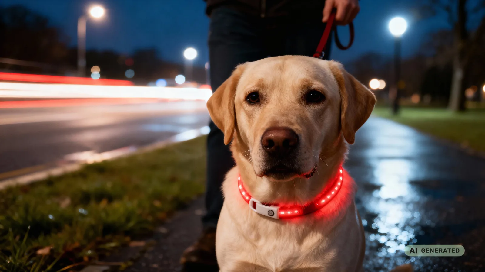 Heller Labrador mit rot leuchtendem LED-Halsband sitzt nachts an einer beleuchteten Straße. KI-generiertes Bild.