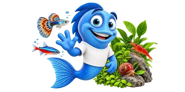 Mr. Fishy, ein blauer Comic-Fisch im weißen T-Shirt, winkt zwischen Guppy, Neonsalmler, Garnele, Schnecke und Wasserpflanzen