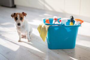 Ein fleißiges Hündchen sitzt neben einem blauen Plastikeimer mit Reinigungsmitteln in der Küche. Ein Satz Reinigungsmittel und ein Lappen für die Hausreinigung und ein kleiner Hund auf einem Holzboden in der Wohnung. Keine Menschen